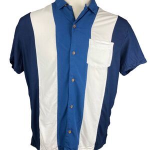 Retro Bowling Shirt Mens L Blue White Panel Resort Camp Viscose Button Up Resort